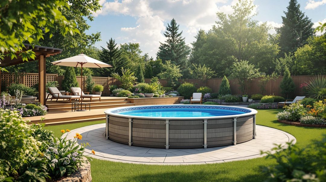 Above Ground Pool With Stylish Patio Furniture In Summer Backyard Paradise