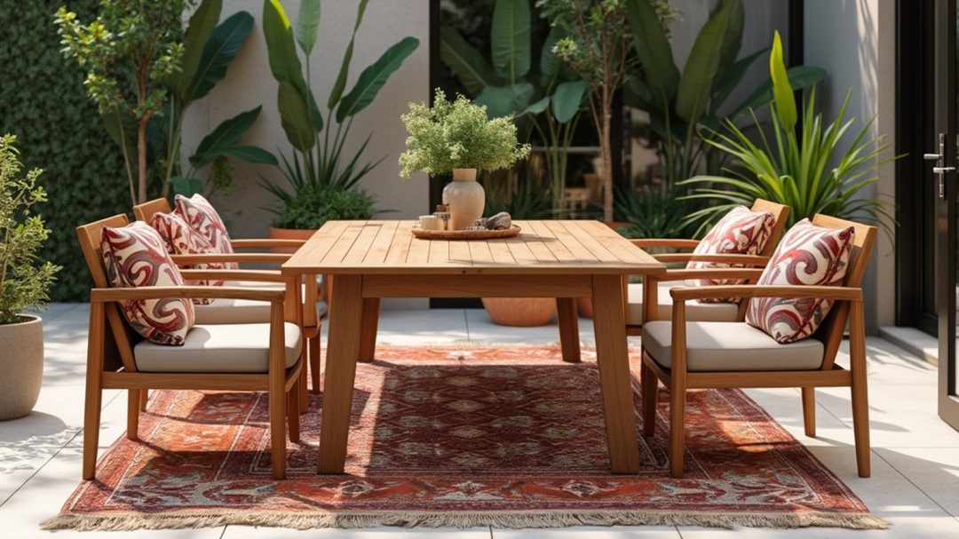 Custom Teak Patio Table And Chairs With Decorative Cushions