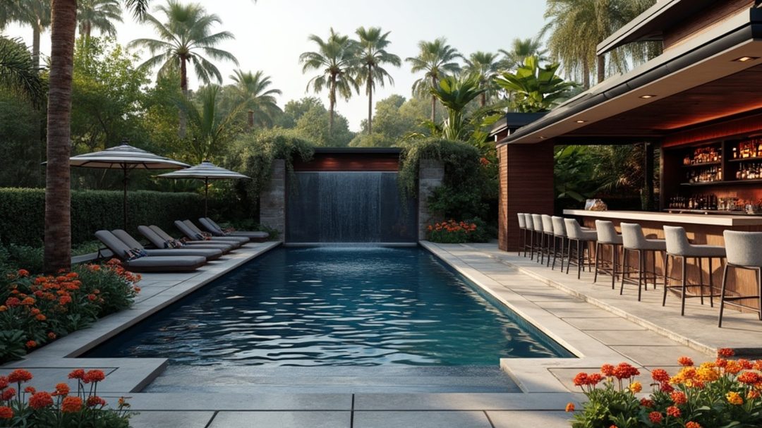 Elegant Pool Area With Waterfall And Bar
