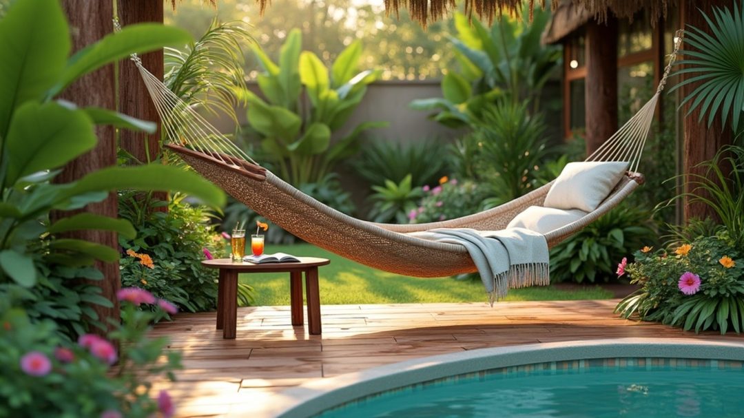 Hammock And Swing In A Lush Poolside Garden