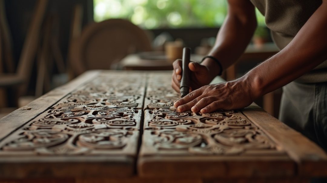 Indonesian Teak Furniture Craftsman In Traditional Workshop