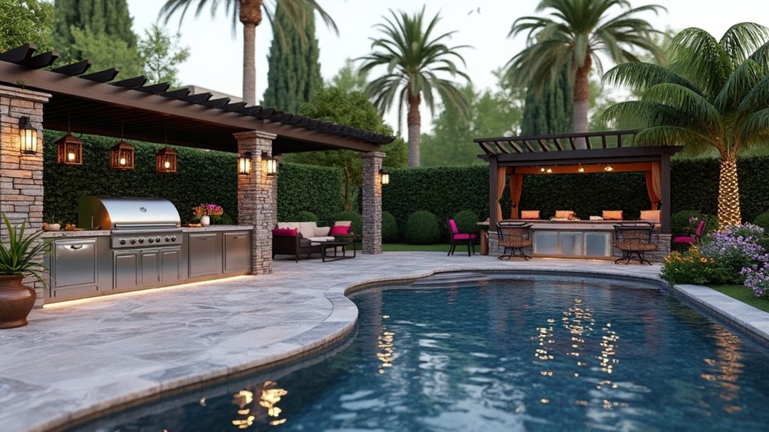 Luxurious Pool Landscape With Outdoor Kitchen Design Inspirations