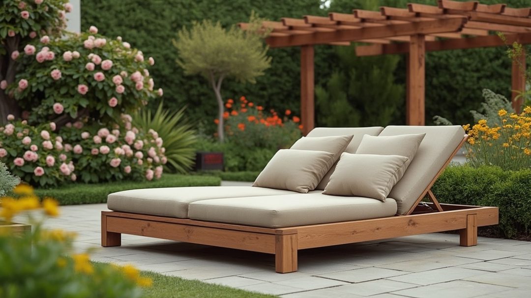 Modern Teak Lounger With Cushions In A Garden Space