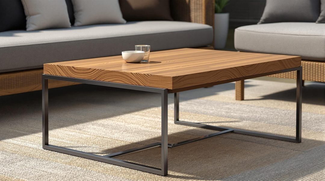 Stylish Teak Coffee Table With Modern Metal Legs In Outdoor Setting
