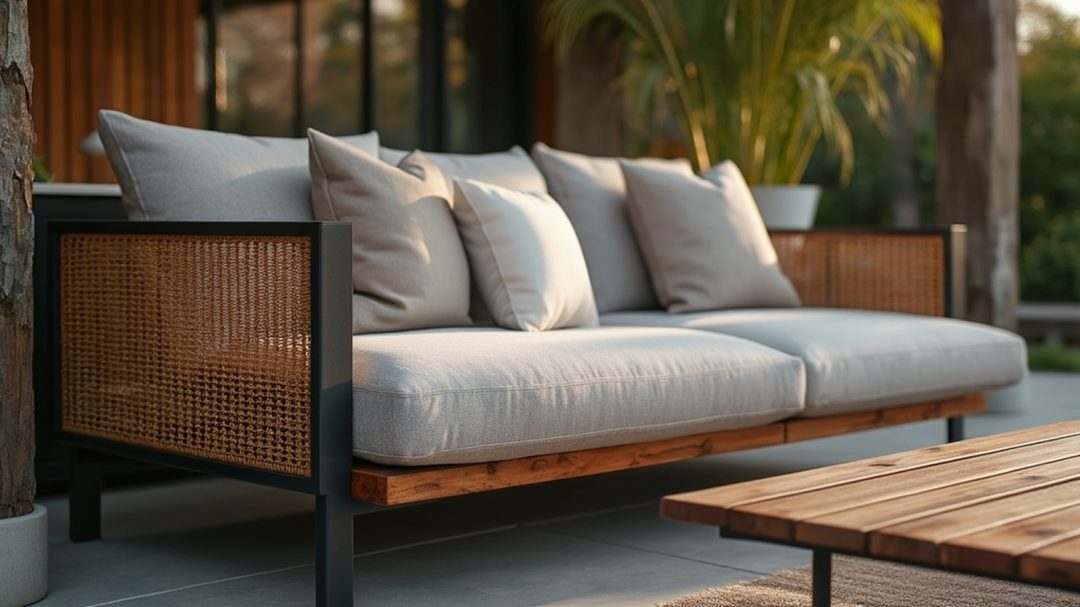 Teak And Metal Mixed Materials Outdoor Sofa With Woven Elements