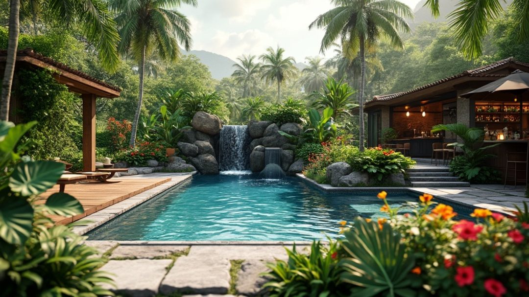 Tropical Poolside Oasis With Lush Greenery