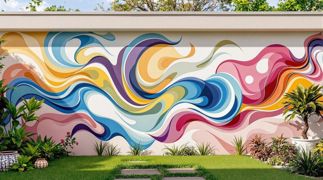 Abstract Swirls Mural On Stucco Garden Wall