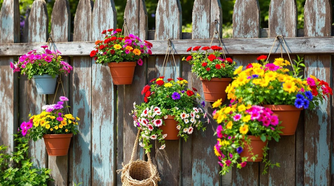 Colorful Hanging Pots On Rustic Wooden Fence