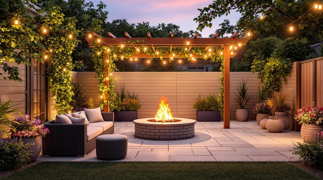 Cozy Backyard With Fire Pit And Pergola Focal Point
