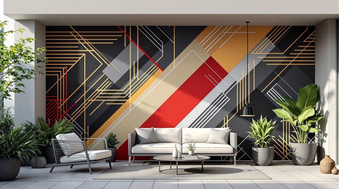 Geometric Pattern Mural On Modern Patio Wall