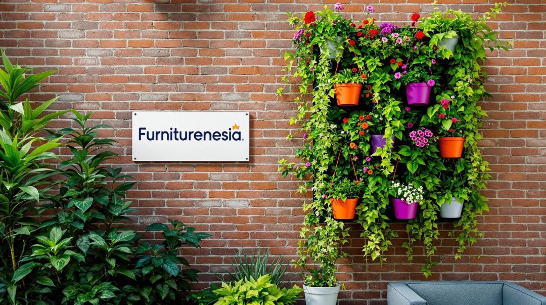 Lush Vertical Garden On Brick Wall With Hanging Planters