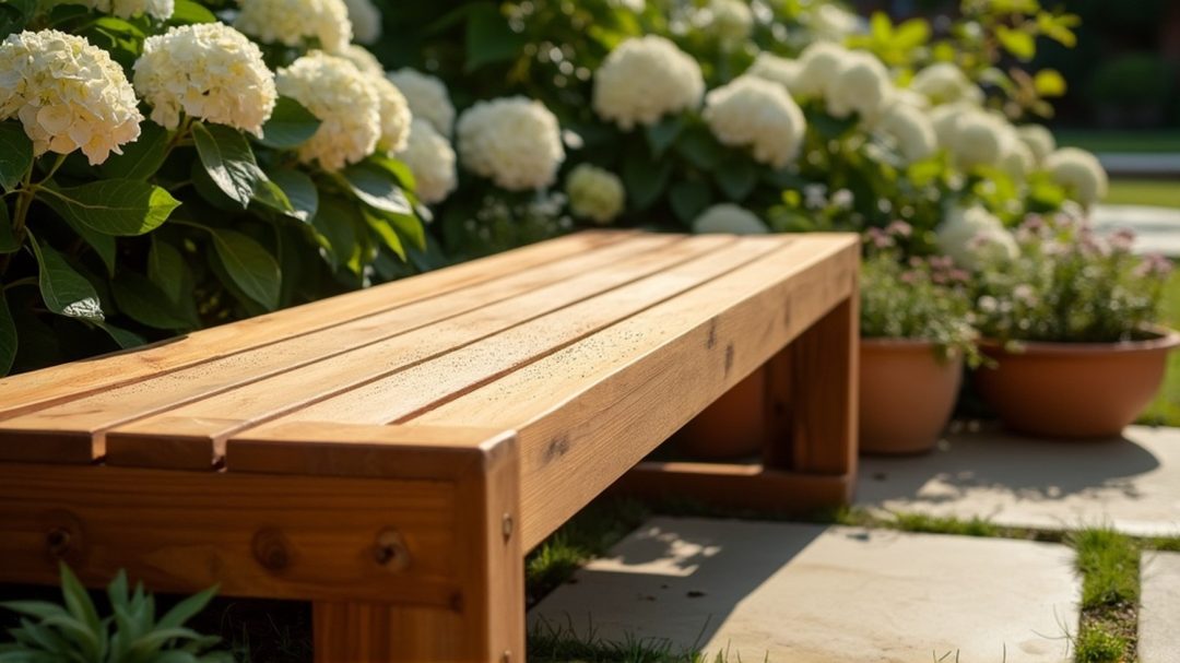 Minimalist Teak Bench In A Sunlit Garden