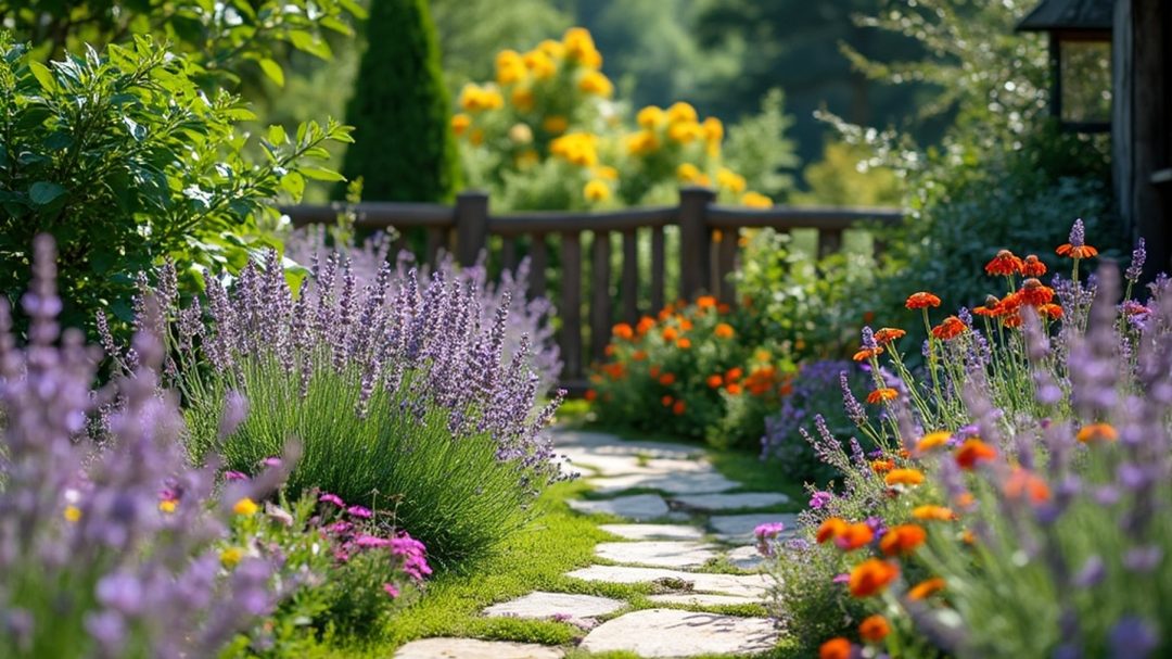 Perennial Garden With Lavender And Coneflowers In Full Bloom
