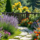 Perennial Garden with Lavender and Coneflowers in Full Bloom