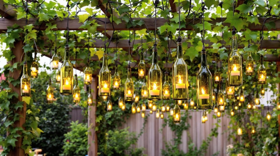 Repurposed Wine Bottle Candle Holders Hanging From Pergola