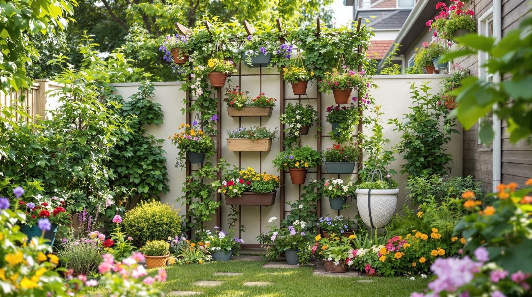 Vertical Garden With Trellis And Hanging Baskets
