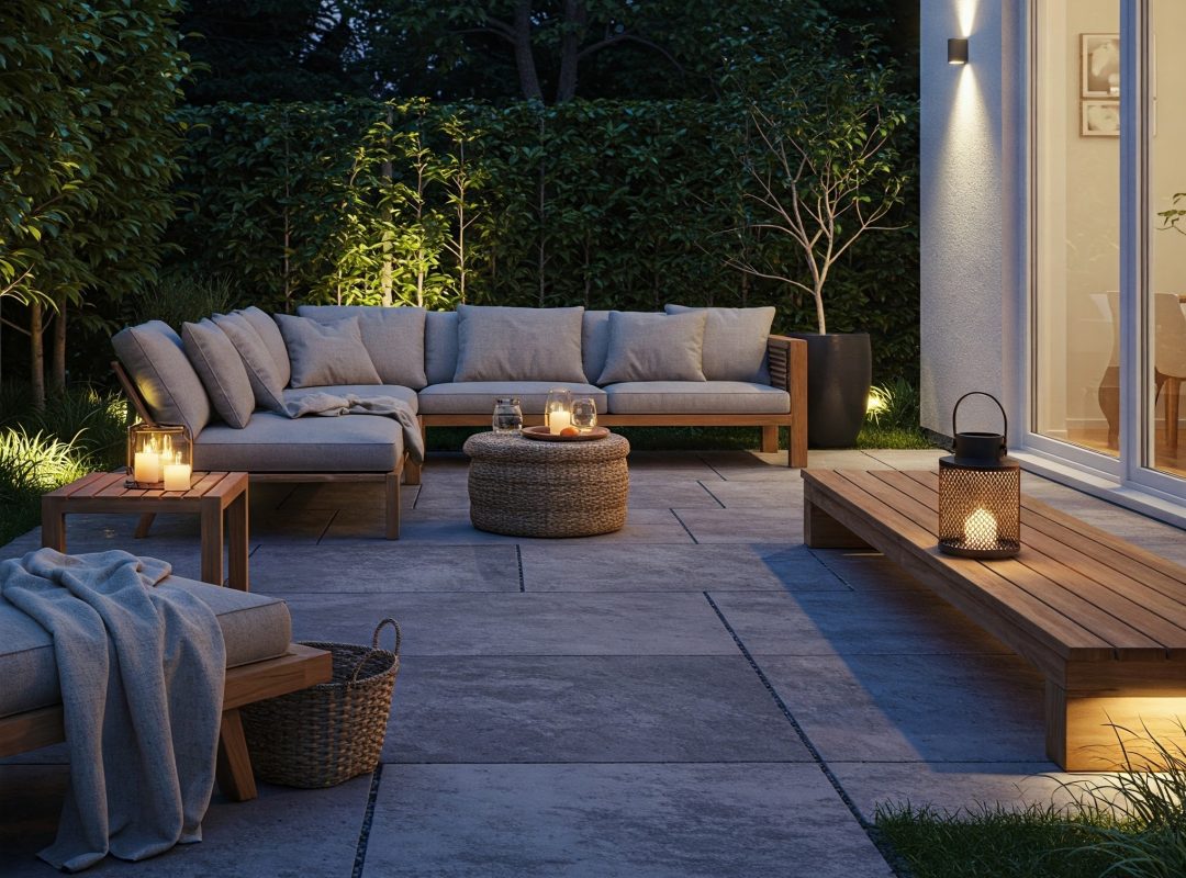 Cozy Backyard Patio With Teak Lounge Chairs For A Peaceful Retreat