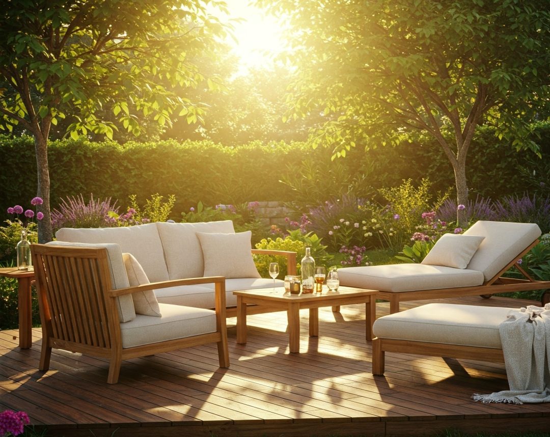 Luxurious Teak Outdoor Furniture Set With Armchairs And Daybeds In A Tranquil Garden Retreat