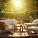 Luxurious Teak Outdoor Furniture Set with Armchairs and Daybeds in a Tranquil Garden Retreat