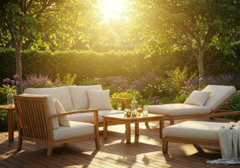 Luxurious Teak Outdoor Furniture Set with Armchairs and Daybeds in a Tranquil Garden Retreat