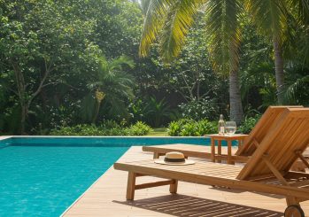 Real Teak Furniture Next to Poolside with Garden Lounge Chairs
