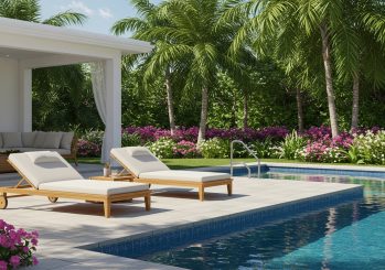 Teak Wood Poolside Loungers with Cushions in Tropical Backyard Setting