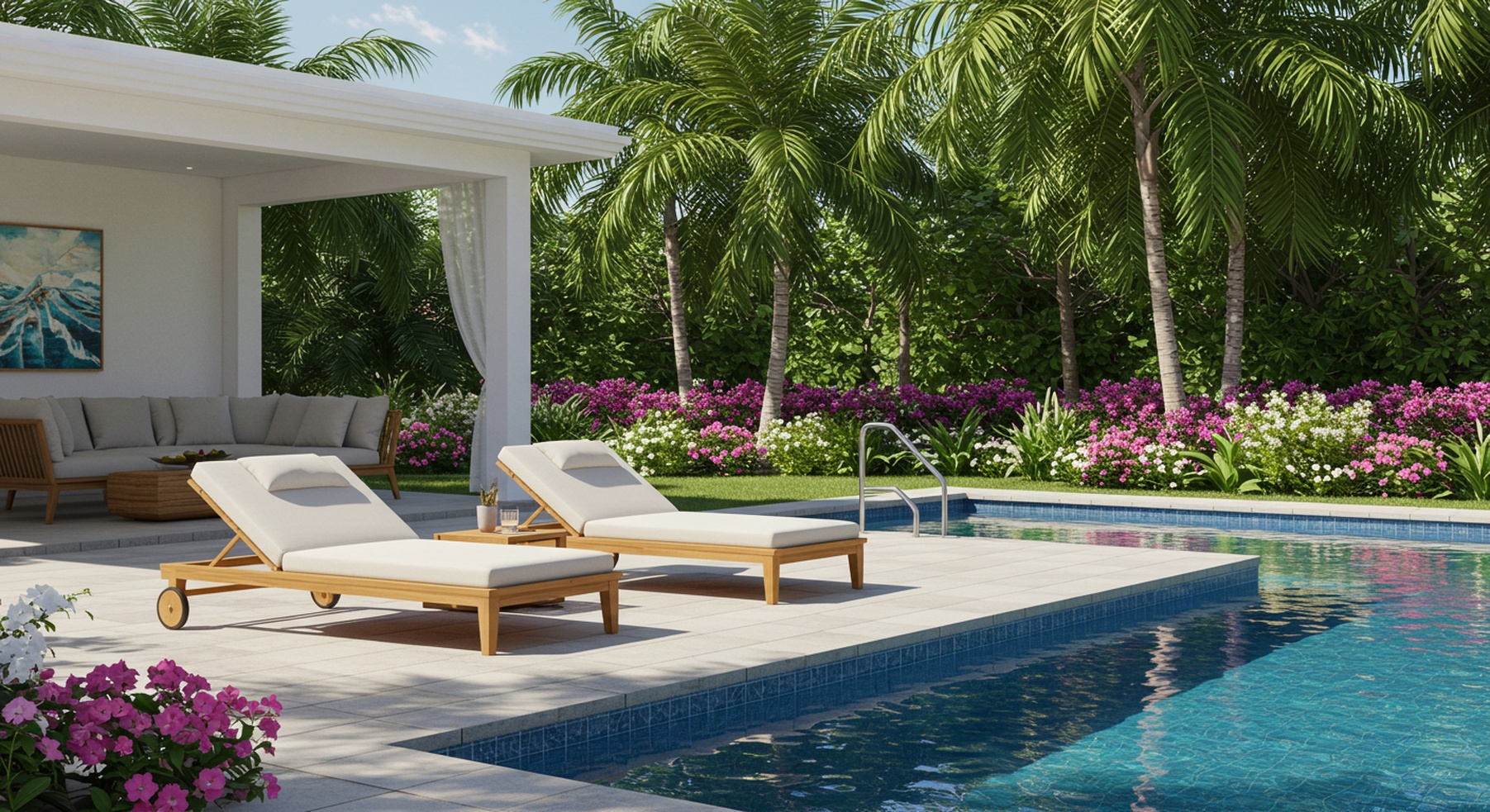 Teak Wood Poolside Loungers With Cushions In Tropical Backyard Setting